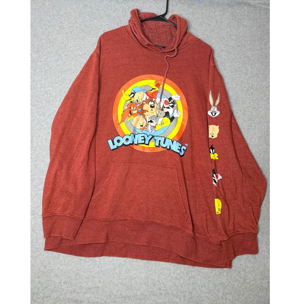 Looney Tunes Hoodie Mens 3XL Graphic Character Sleeve Print Pullover Rust Red